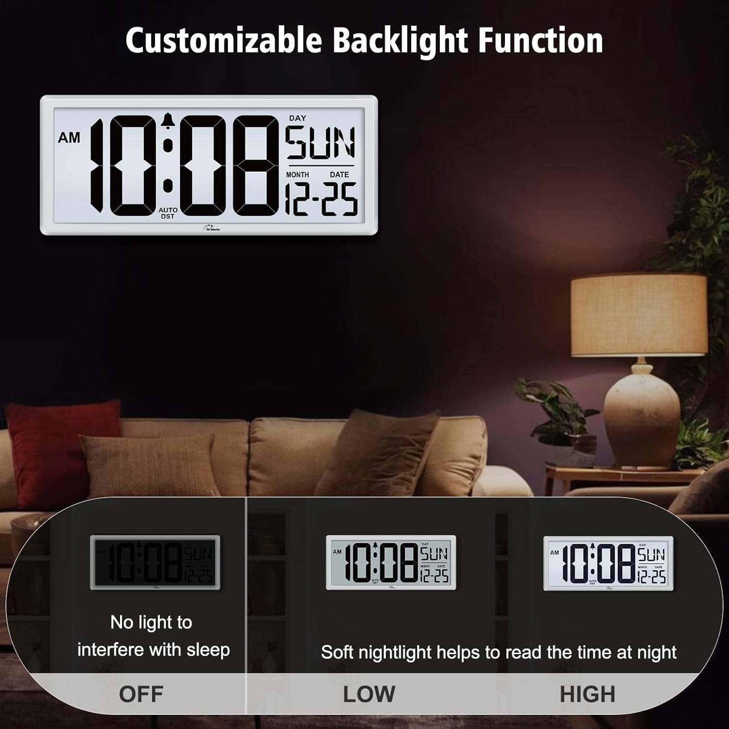 WallarGe Backlight Digital Wall Clock Battery Operated - with Temperature and Date 14.5'' Large Digital Wall Clock, Easy to Read and Set, Auto DST