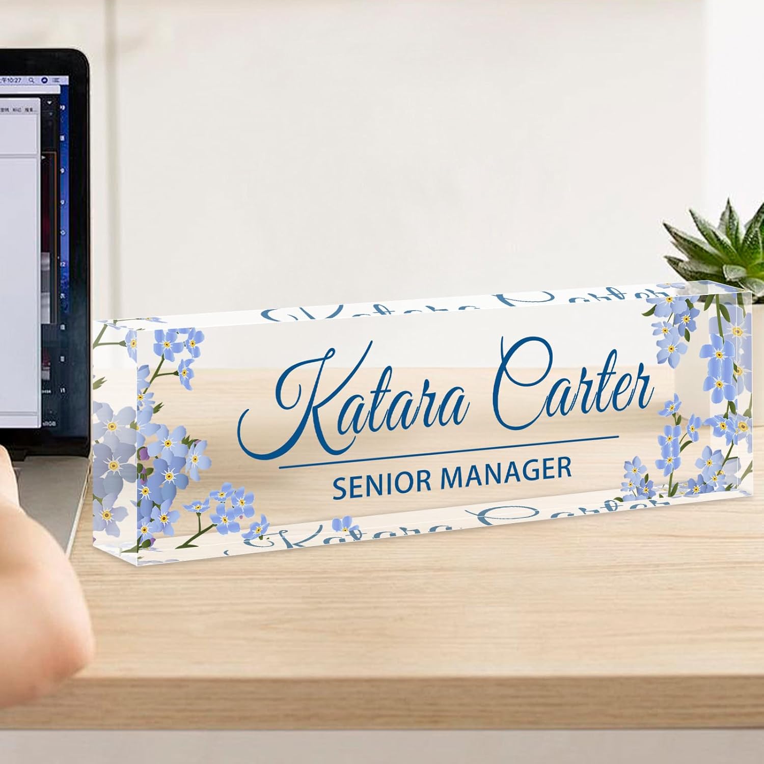 Name Plate for Desk Personalized, Acrylic Desk Decorations, Employee Appreciation Gifts, Custom Office Gifts for Coworkers, Boss, Teacher, Nurse (Blue Bouquet)