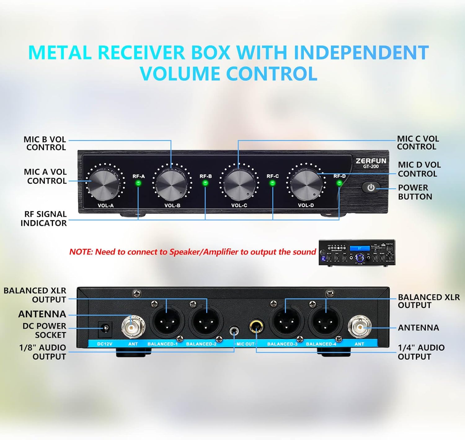 4 Channel Rechargeable Wireless Microphone System, Pro UHF Metal Handheld Wireless Microphones Cordless Mics with Echo Treble BASS VOL Channel Control for Karaoke Singing Church(GT-200)