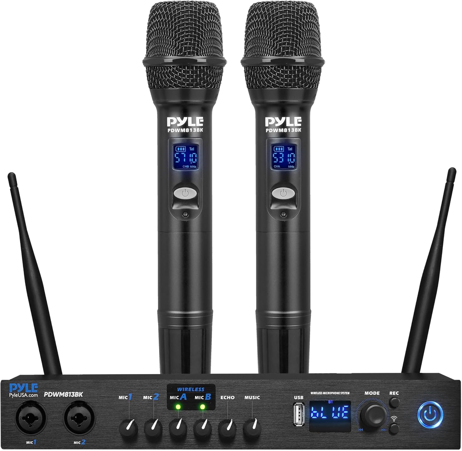 Pyle Digital Wireless Microphone System with Bluetooth - Includes 2 Dynamic UHF Handheld Mics, Portable Long-Range Receiver w/Built-in Echo Effect - for Live Pro Audio, Karaoke, Studio - PDWM813BK