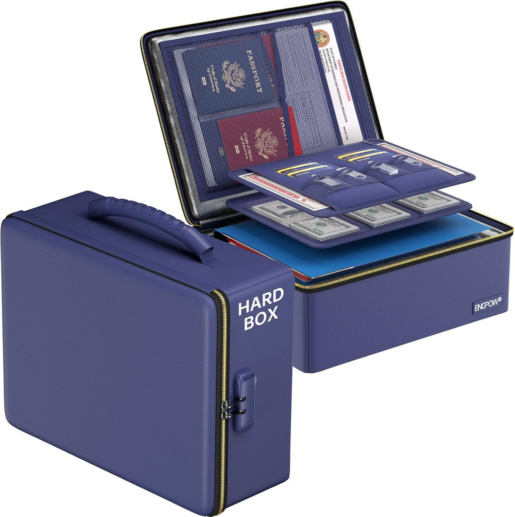 ENGPOW Fireproof Document Box, Hard Fireproof Box with Fireproof Zipper＆Lock, 6400°F Heat Insulated Fireproof Water Resistant File Organizer Storage Box Safe for Important Documents,Valuable,Blue