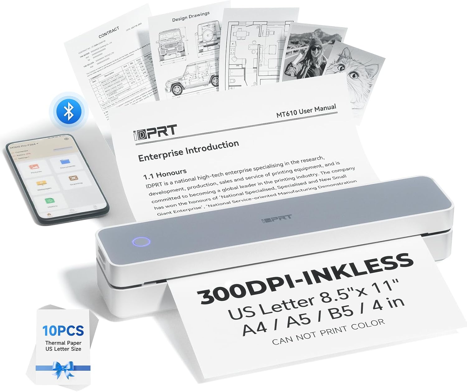 iDPRT Portable Printer Wireless for Travel, 300DPI Bluetooth Thermal Printer Support for 8.5"x11" US Letter, Inkless Compatible with iOS, Android, Laptop for Office, Car and Home, School