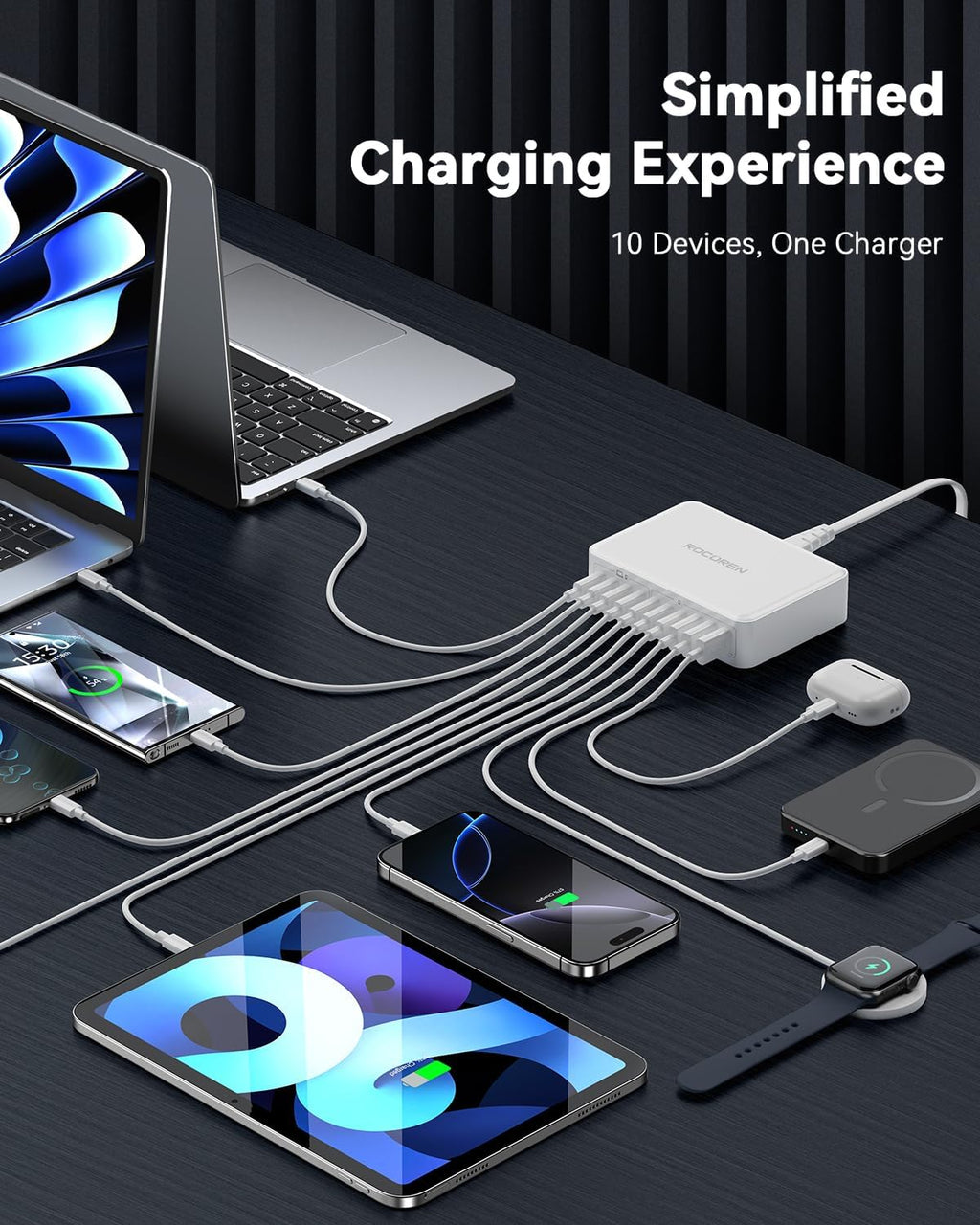480W USB C Charger Block, Rocoren 10-Ports USB C Charging Station for Multiple Devices,PD 100W Type c Gan Fast Charger Station Multi USBC Charging Hub for Laptop MacBook HP iPad iPhone Samsung