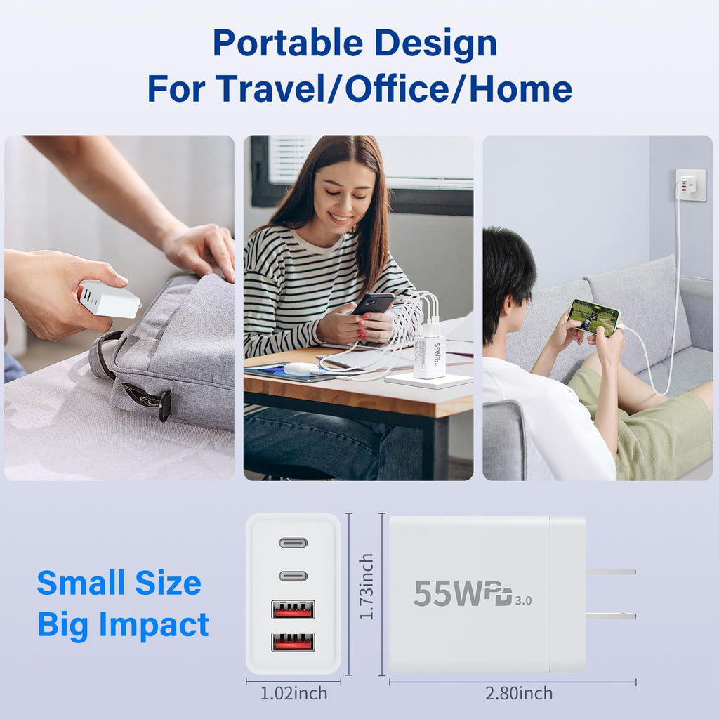USB C Charger Block, 55W 4-Port USB C Fast Wall Charger Dual Port QC + PD 3.0 Power Adapter, Multiport Type C Charging Cube with Lightning Cable for iPhone 16 15 14 13 12 11 Pro Max XS,Samsung,Tablets