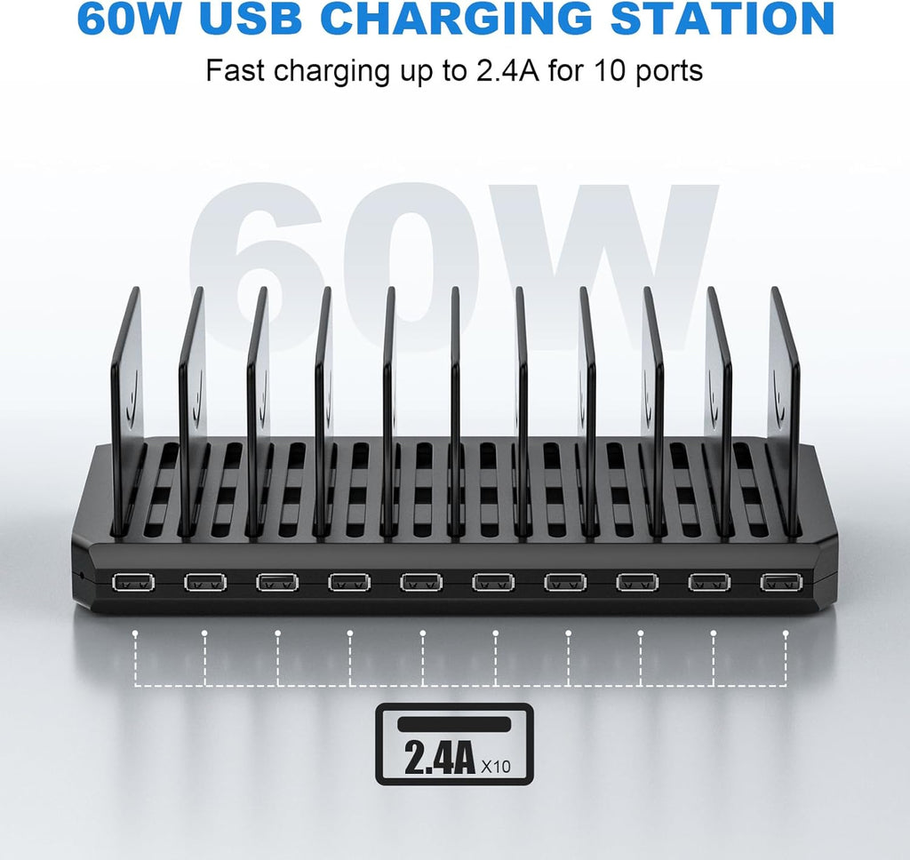 Charging Station for Multiple Devices, Cinlinso 60W 10 Port USB Fast Charging Station with Adjustable Dividers, Compatible with iPhone, iPad, Tablets and Cell Phone (Black)