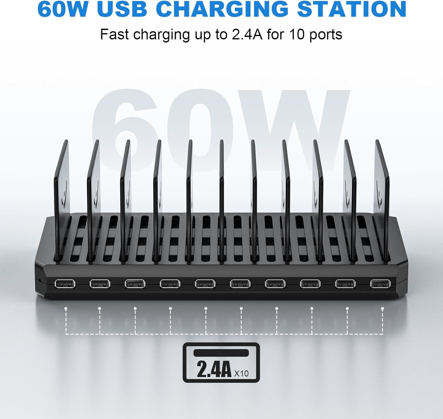 Charging Station for Multiple Devices, Cinlinso 60W 10 Port USB Fast Charging Station with Adjustable Dividers, Compatible with iPhone, iPad, Tablets and Cell Phone (Black)