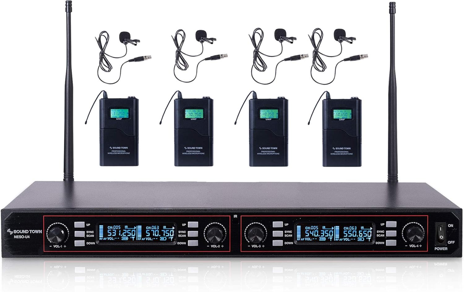 Sound Town 200-Channel Rack Mountable Professional Adjustable UHF Wireless Microphone System with Metal Receiver, 4 Lavalier Mics, 4 Bodypack Transmitters (NESO-U4LL)
