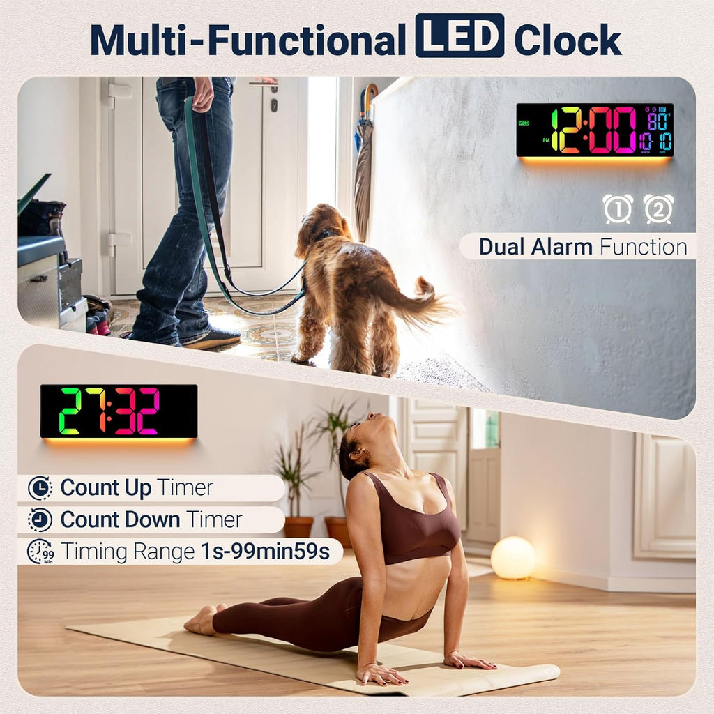 16.5" Large Digital Wall Clock: 11 RGB Colors Wall Mount Decor Clock for Living Room Bedroom Office Classroom, House Warming Gifts New Home Decor, Birthday Gifts for Men Women Black