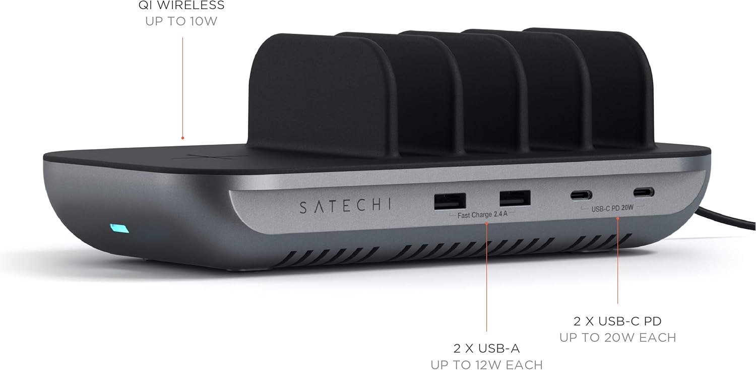 Satechi Multi Device Charging Station with Wireless Charging - for iPad Air/Pro M4/M3/M2/M1, MacBook Air/Pro M4/M3/M2/M1, iPhone 17 to 12 Series, AirPods, AirPods Pro, Apple Watch, and More
