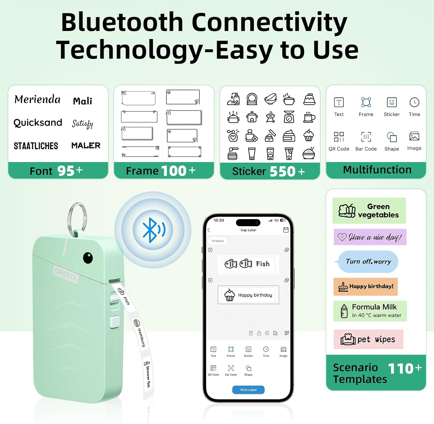 ORGSTA S001 Label Maker Machine with Tape, Portable Bluetooth Label Maker for Home and Office Organization, Thermal Label Printer Mini Label Maker with Multiple Templates, Green