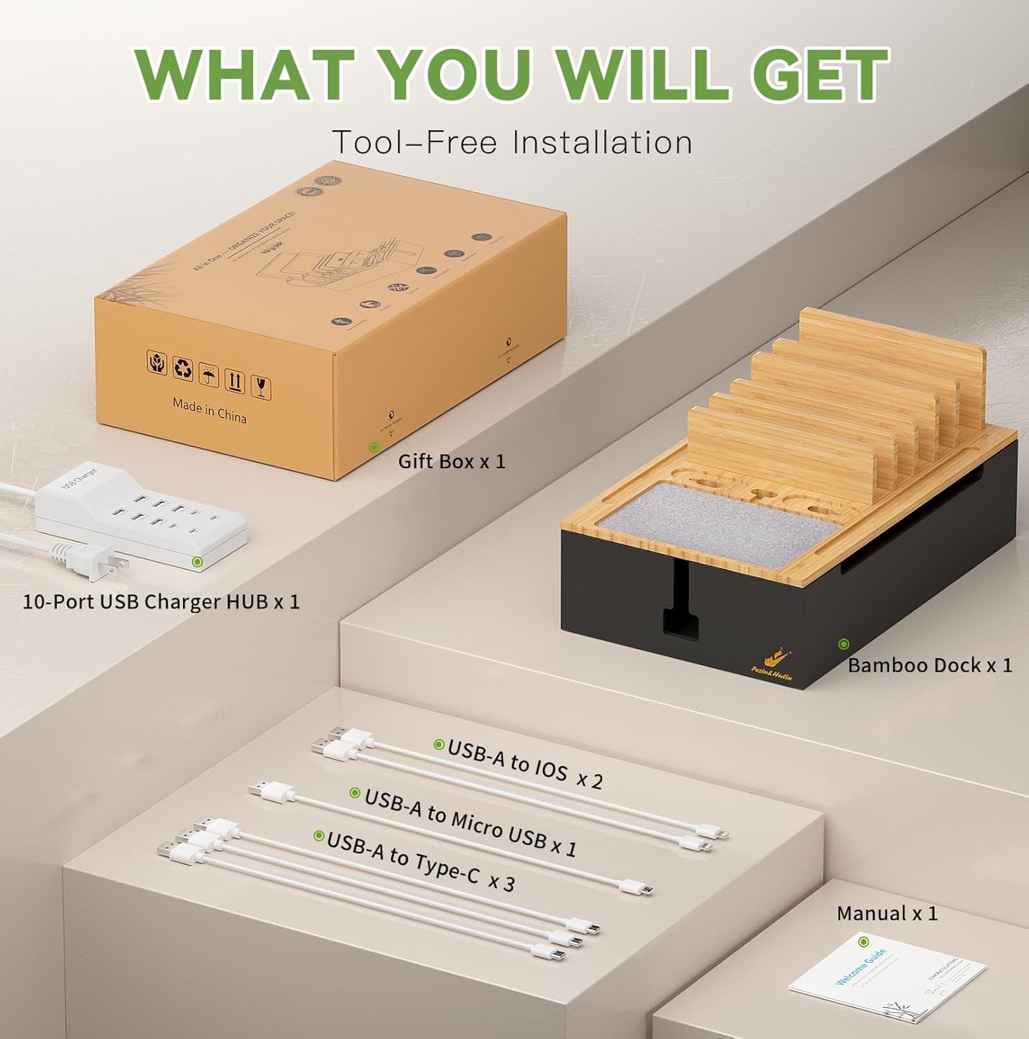 Pezin & Hulin Bamboo Charging Station for Multiple Devices, USB Charger Dock Organizer, with Power Supply (10 Ports HUB), 6 Cables, Cable Management Organizer for Cell Phones, Tablets -Natural+Black