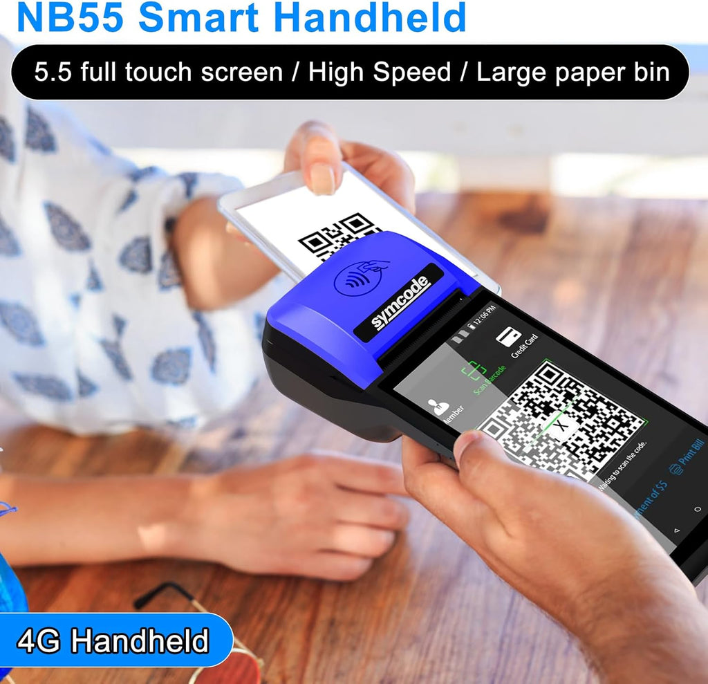 symcode POS PDA Mobile POS Machine Terminal Thermal Receipt Printer 5.99" High Resolution and Clear Touch Screen Handheld PDA Printer Android 8.1 OS Built-in Google Play and NFC