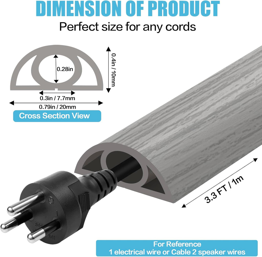 Floor Cord Cover Self Adhesive Cord Hider,3.3FT Cable Management, Extension Strip Protector for Wires, Prevent Cable Trips for Offices, Gyms, Exhibitions Cavity:0.3"(W) x 0.28"(H) Gray Wood