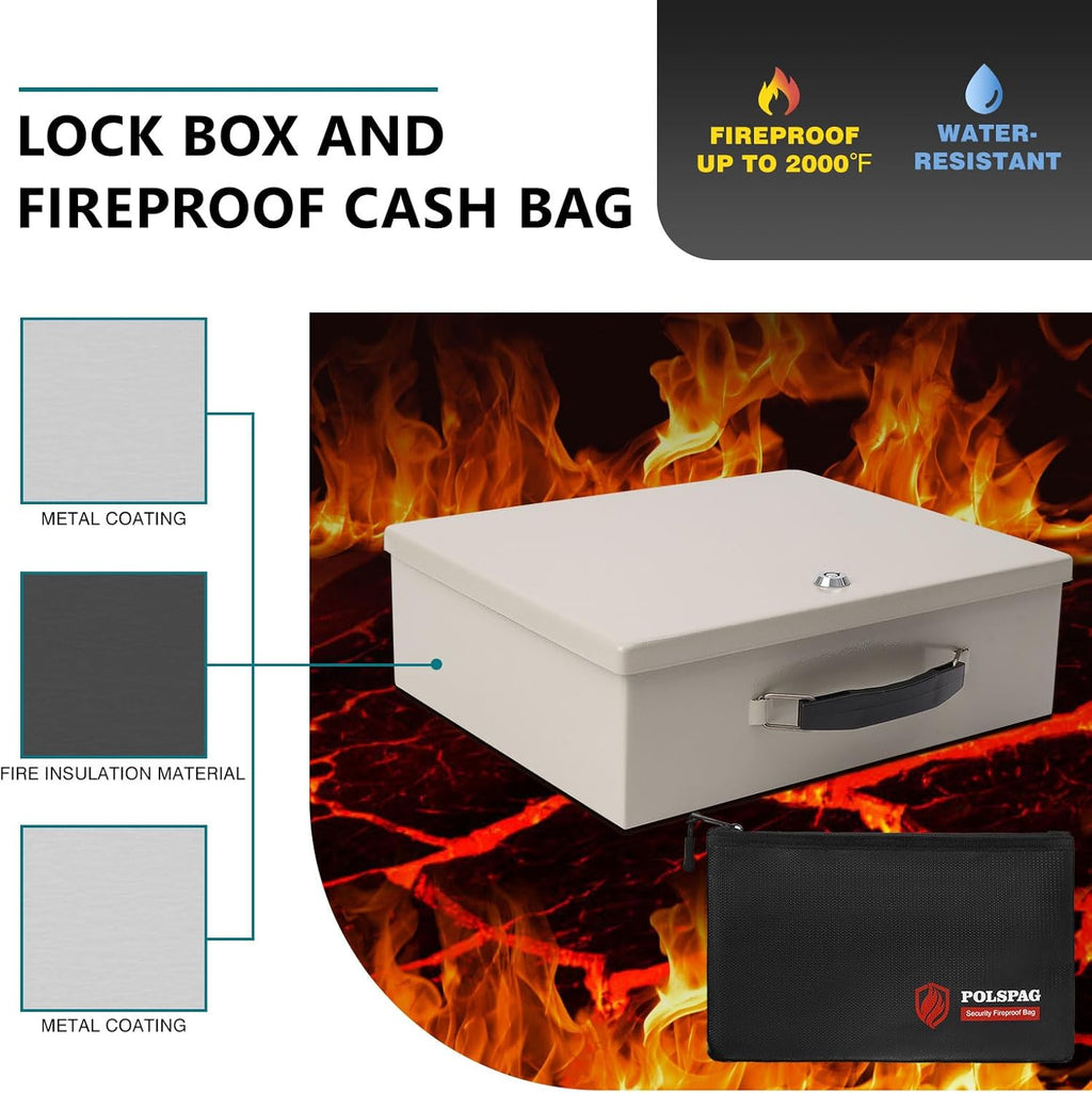 Fireproof Document Box with Key Lock & Fireproof Money Bag,Safe Storage Boxfor Valuables,Key Lock Security with Carrying Handle,Fireproof Box for Documents,Passport Extra Large (White, Large)