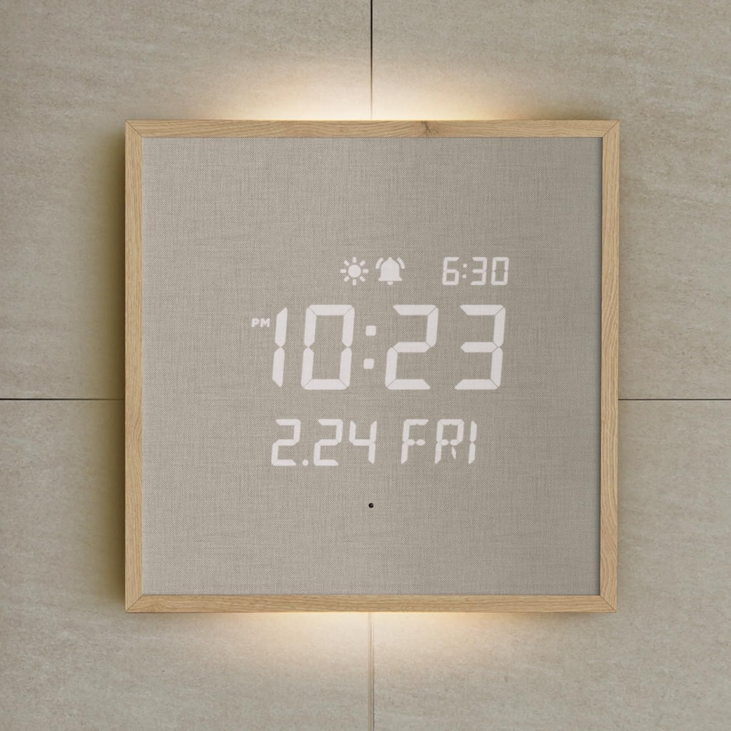 mooas Wooden Frame LED Silent Wall Clock with Remote, Backlit Nightlight, Modern Digital LED Wall Clock Display Sunrise Alarm Melody 5 Brightness for Bedroom Living Room (Wooden Frame Light Brown)