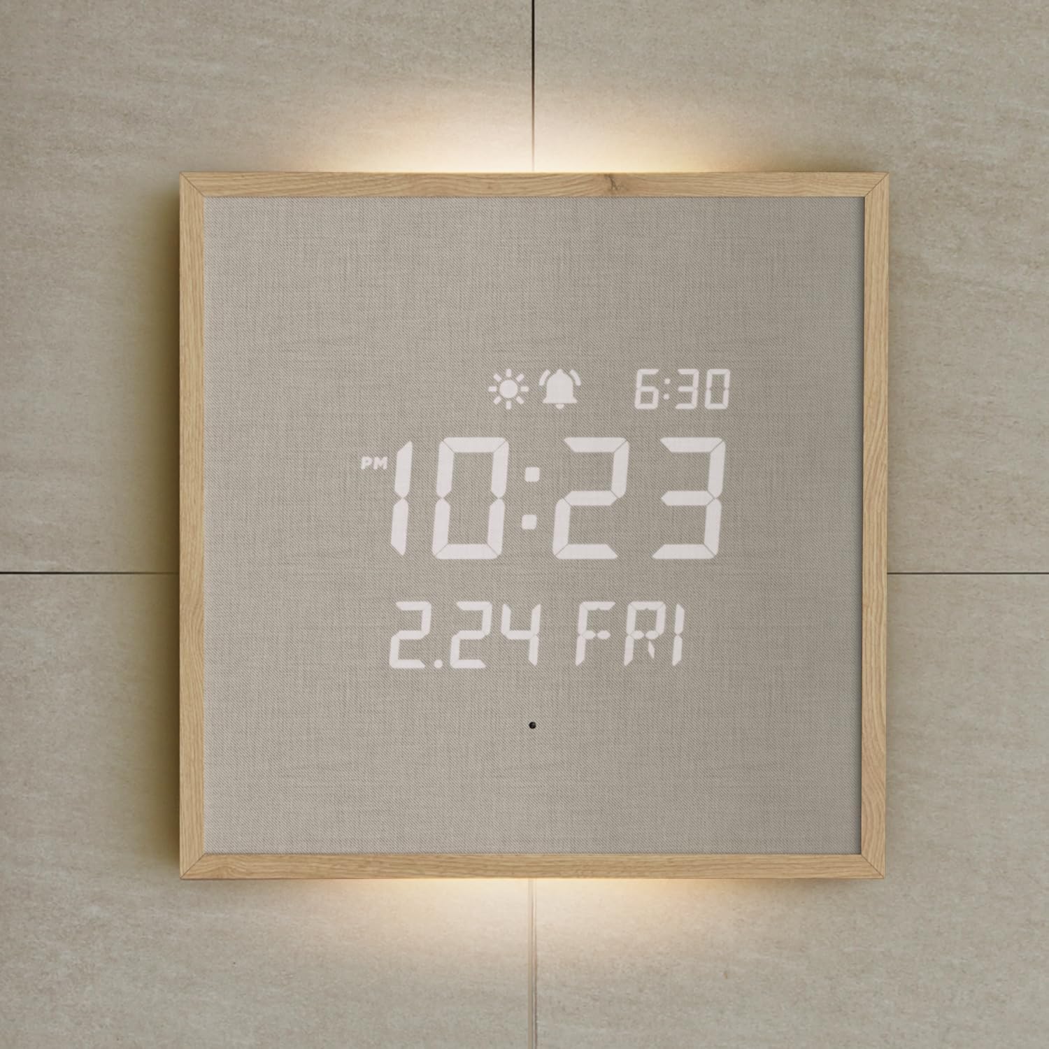 mooas Wooden Frame LED Silent Wall Clock with Remote, Backlit Nightlight, Modern Digital LED Wall Clock Display Sunrise Alarm Melody 5 Brightness for Bedroom Living Room (Wooden Frame Light Brown)