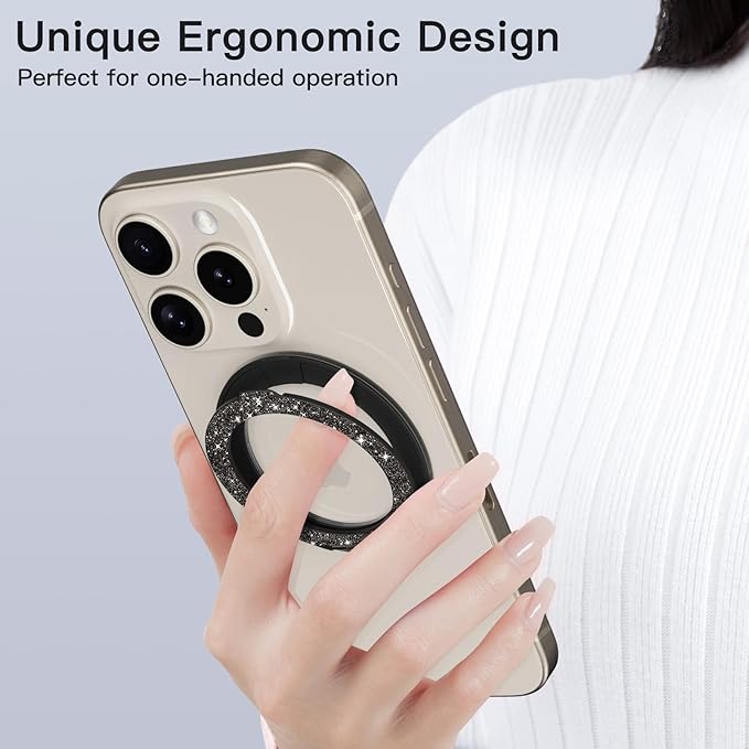 COOLQO Upgraded Magnetic Phone Ring Holder Stand, Super Magnet Cell Phone Grip Finger Kickstand Compatible with MagSafe Mag Safe Accessory for iPhone All Smartphones (1-Glitter Black)