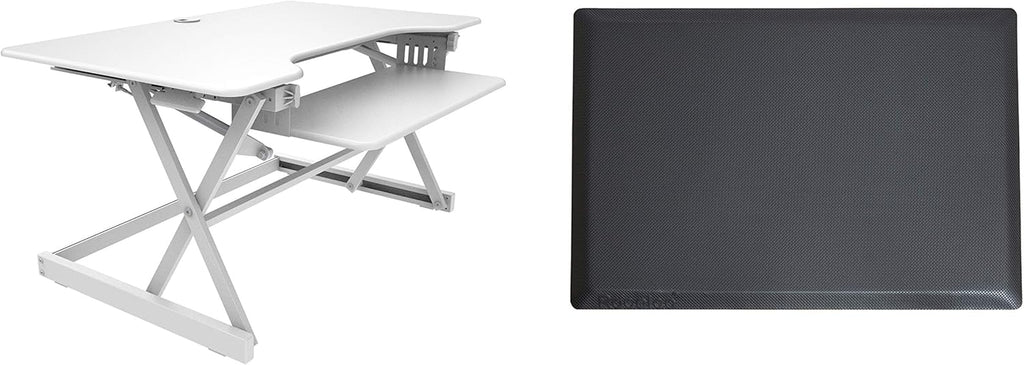 Rocelco 40" Large Height Adjustable Standing Desk Converter with Anti Fatigue Mat BUNDLE - Quick Sit Stand Up Computer Workstation Riser - Retractable Keyboard Tray - White (R DADRW-40-MAFM)