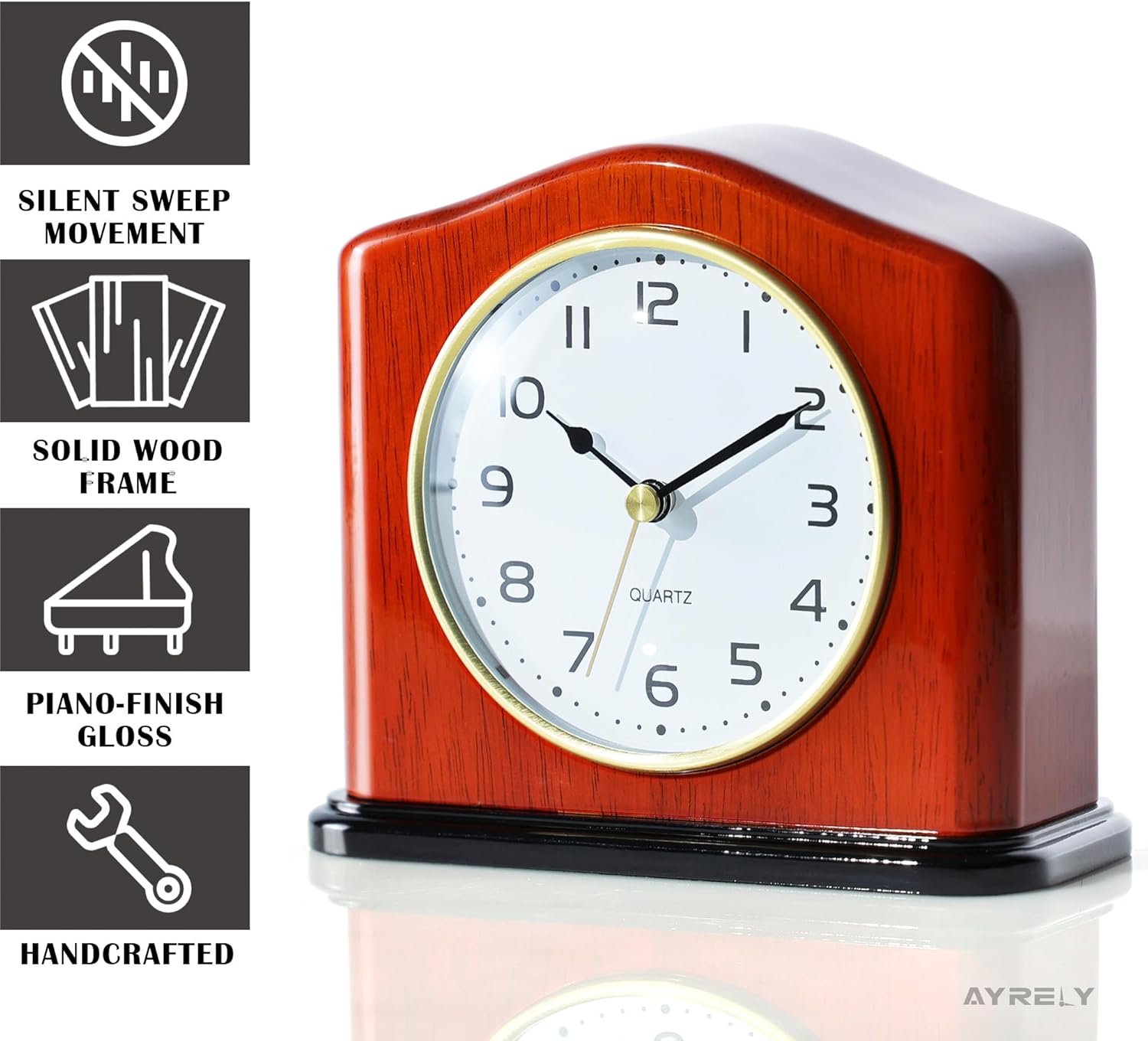 AYRELY® Mantel Clock, Handcrafted Solid Wood Desk Clock with Silent Movement, Piano-Gloss Finish, Elegant Table Clock for Fireplace, Bedroom, Office & Gifts