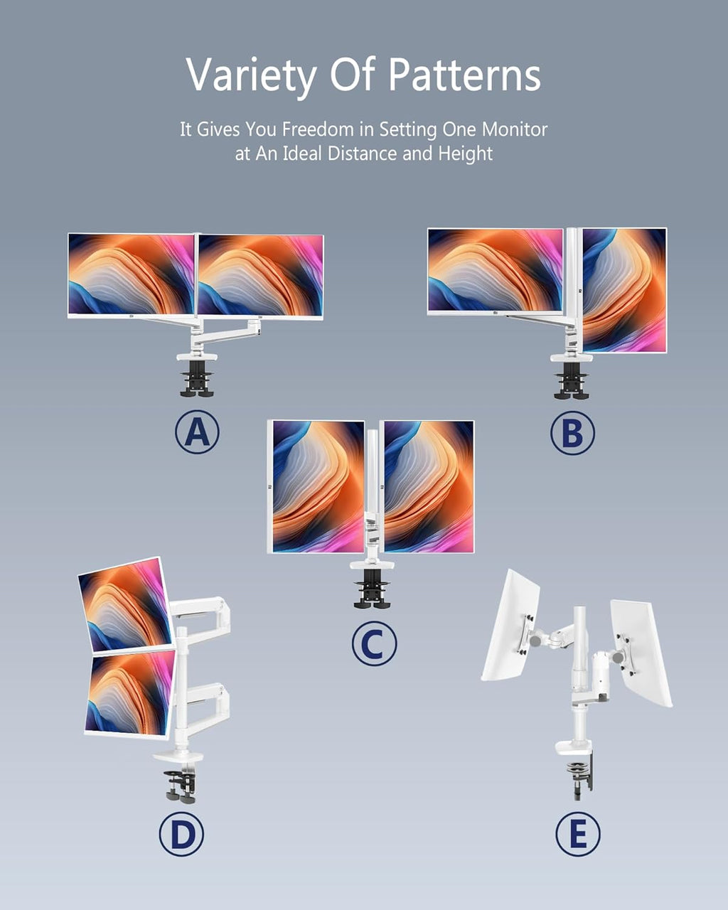 Dual Monitor Mount, Holds Screens up to 40 Inches and 25 lbs, Fully Adjustable Dual Monitor Arm with C-Clamp and Grommet Base, Aluminum, White