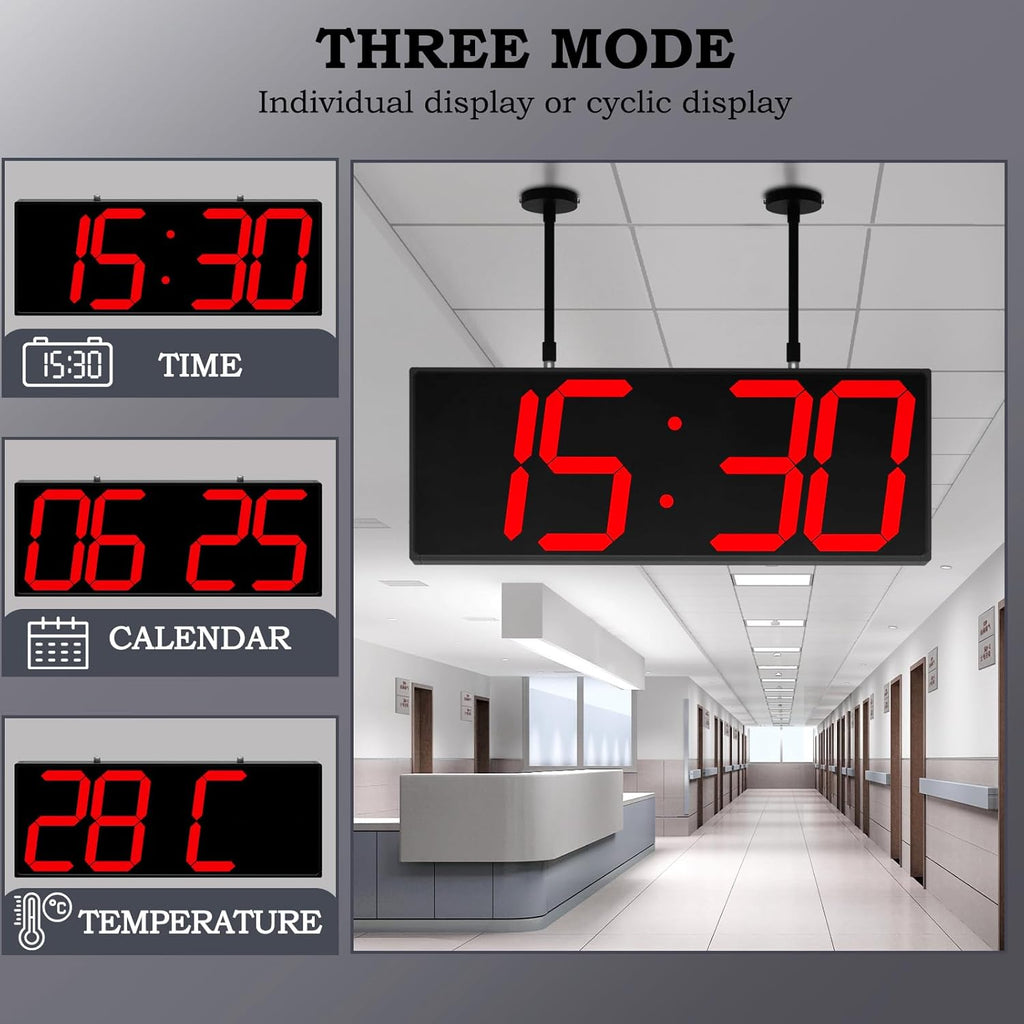 19.5'' Large Digital Wall Clock with Double Sided Display,Multi-Functional LED Hanging Digital Clock with Adjustable Brightness,Suitable for Offices, Warehouses, Corridors (Red)