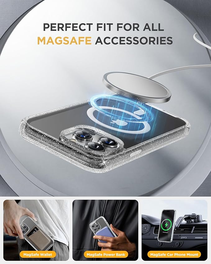 Miracase Magnetic for iPhone 12 Pro Max Case [Compatible with MagSafe] Full-Body Phone case with Built-in Glass Screen Protector& Camera Protector, Military Drop Proof 12 Pro Max Cover, Clear Glitter