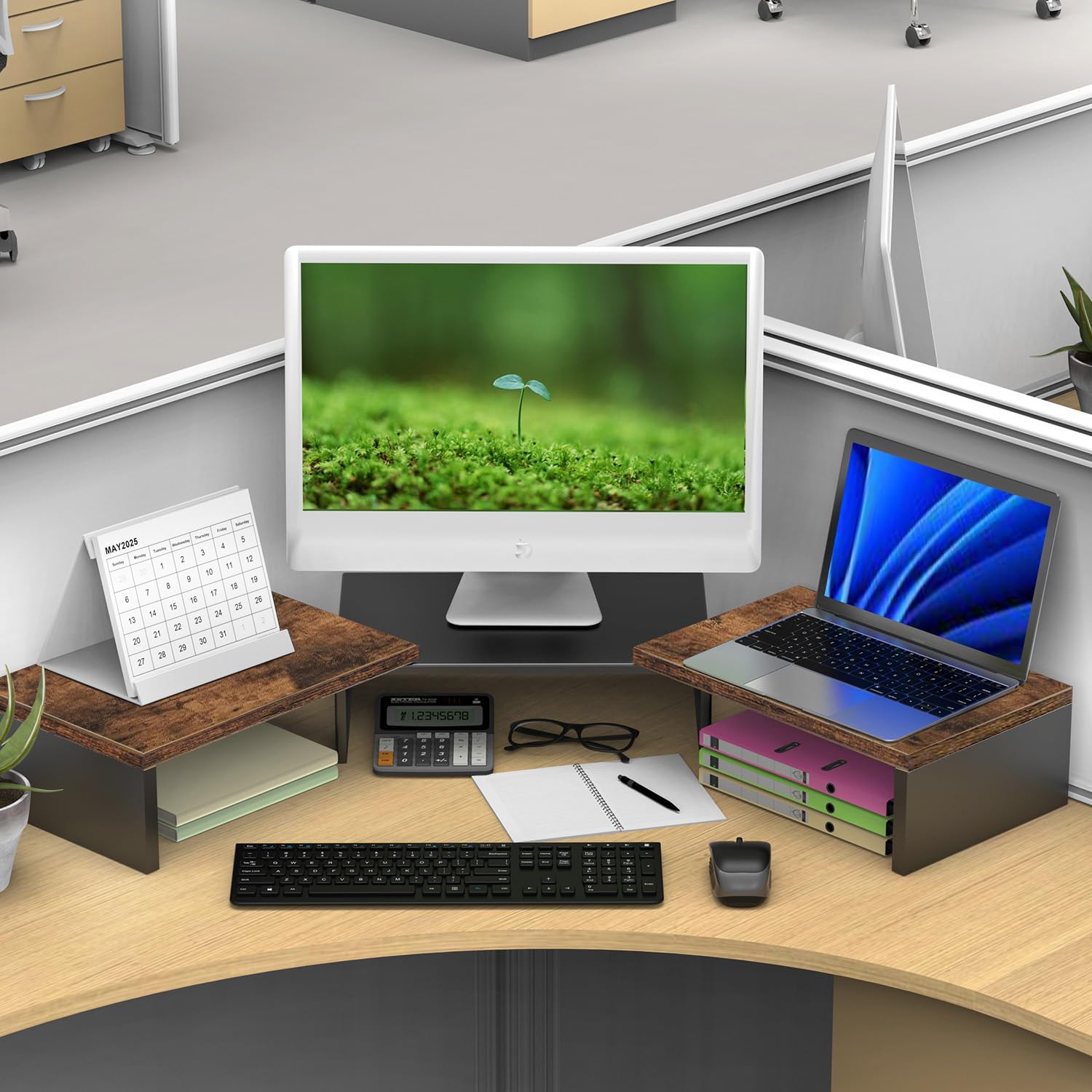 Dual Monitor Stand for Desk, Wooden Monitor Riser, Desk Shelf for Top of Desk, Computer Stand for Home and Office Use (Wood)