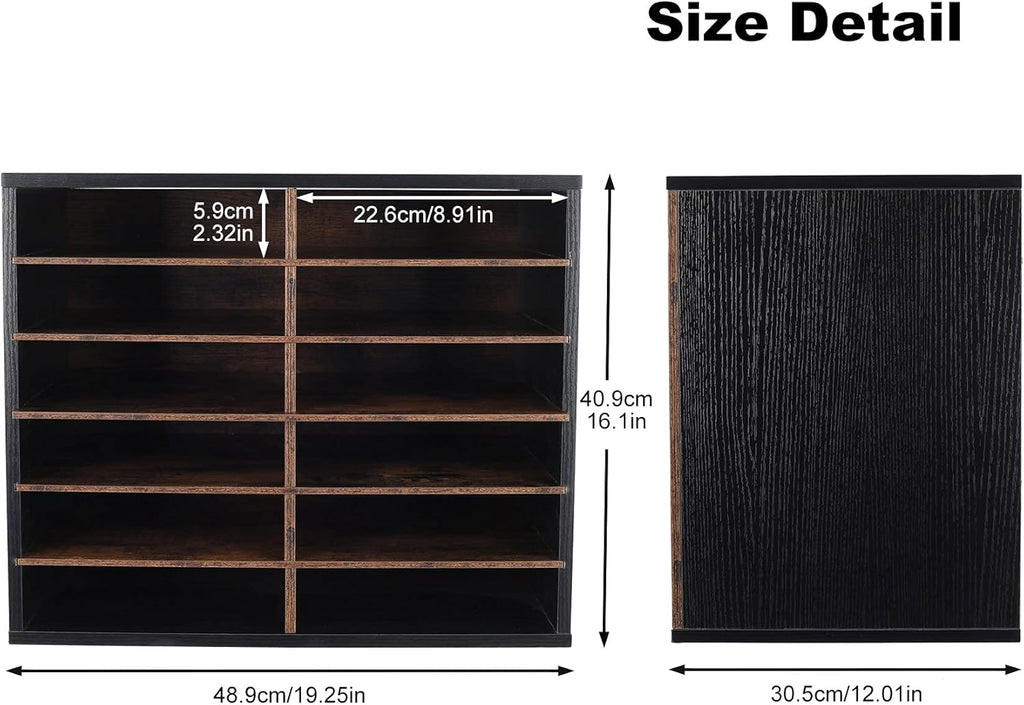 TQVAI Wood Adjustable Literature Organizer Desktop File Sorter Mail Center Paper Storage Cabinet Home & Office Mailbox School Classroom Keepers, 12 Slots Compartments, Black/Archaize