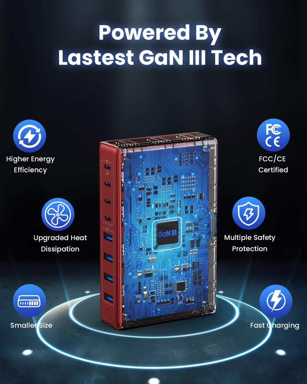 200W USB C Charger Block,8-Ports GaN III Fast Charging Station Hub,QC4.0+PD 65W Laptop Charger Wall Chargers Power Adapter for MacBook Pro/Air,DELL,Steam Desk,iPhone 16/15/14,iPad,Galaxy S25,Pixel-Red