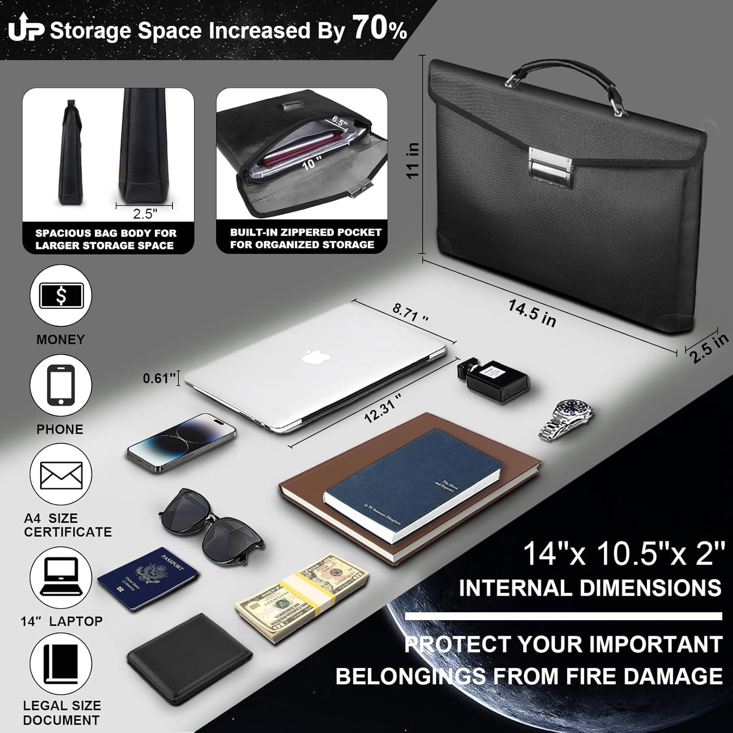 Fireproof Document Bag 14.5"X11"X2.5" Fireproof Money Bag for Cash With Lock and Zipper,Fire&Waterproof Storage Organizer Pouch for Valuables,Legal Document,Laptop,Passport,(Black)