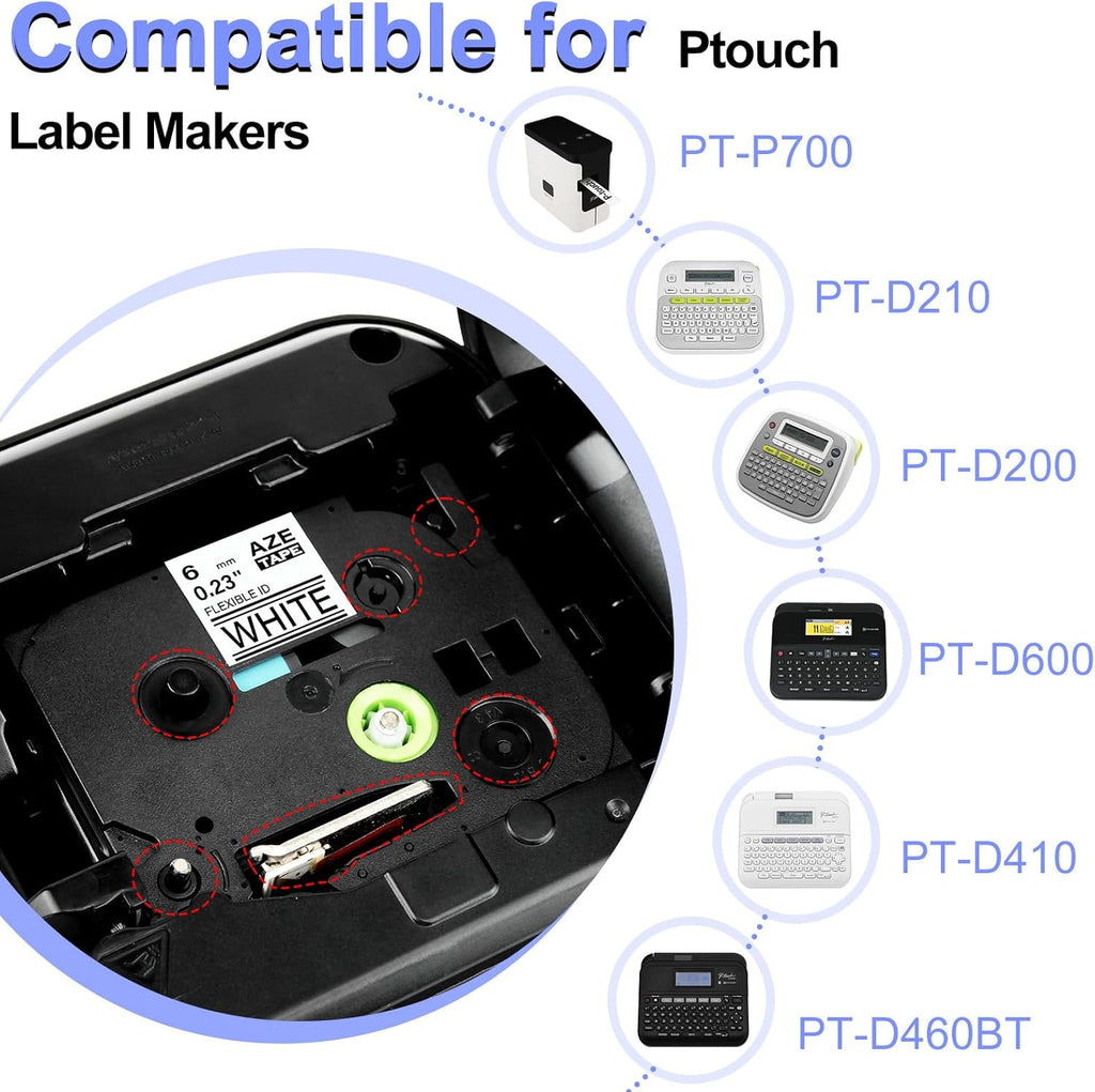 2 Pack 6mm 0.23'' FX211 Laminated Tape Compatible for Ptouch TZ TZe Flexible ID Cable Wires Labels Black on White 1/4" for PTD200 D210 D400 D600 PTH100 H110 PTP300BT PTP700 PTP710BT