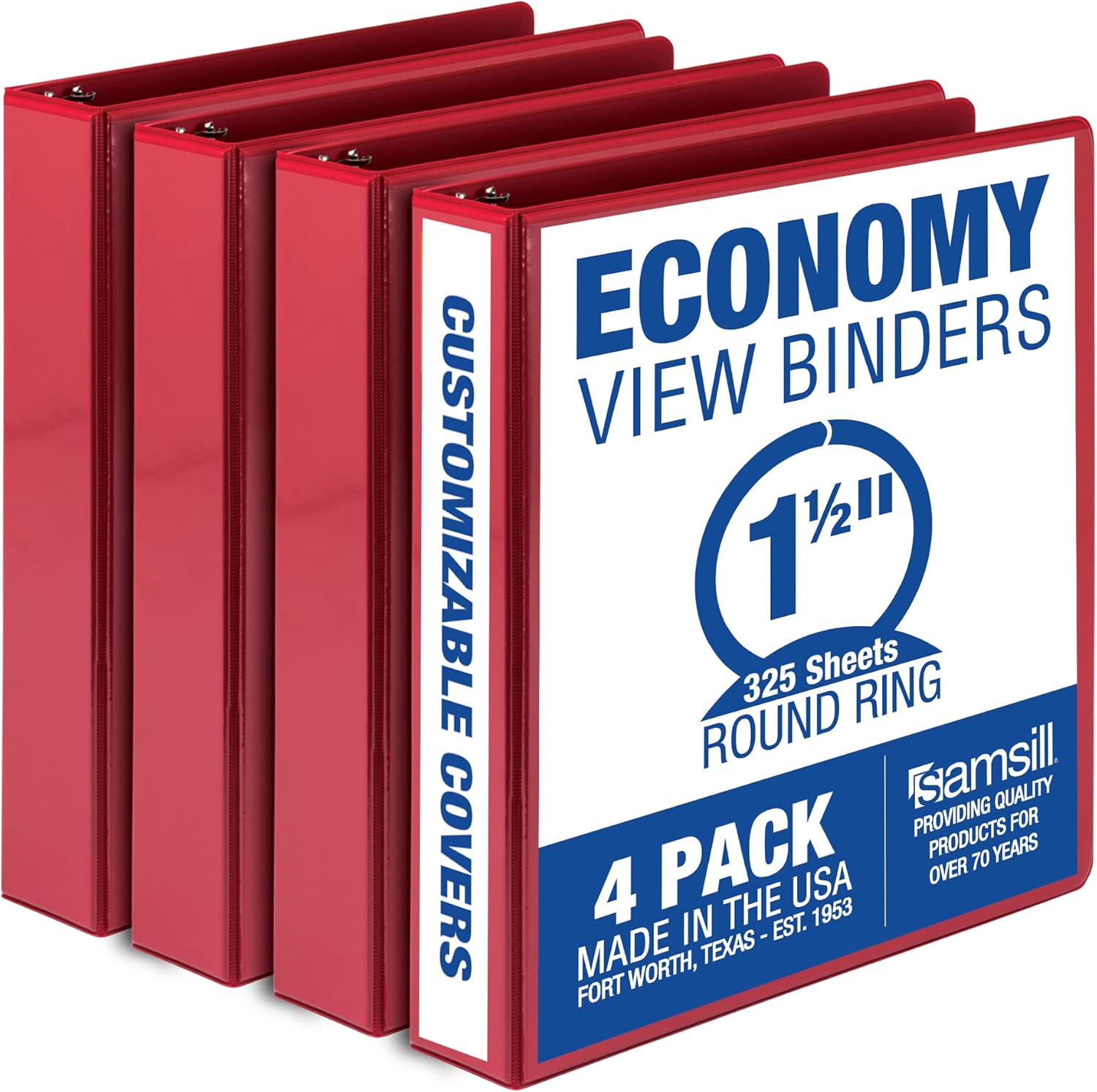 Samsill 1.5 Inch 3 Ring Binders, Made in USA, Economy Round Ring, Clear View Cover, 325 Sheet Capacity - for School, Home, Office - Red, 4 Pack