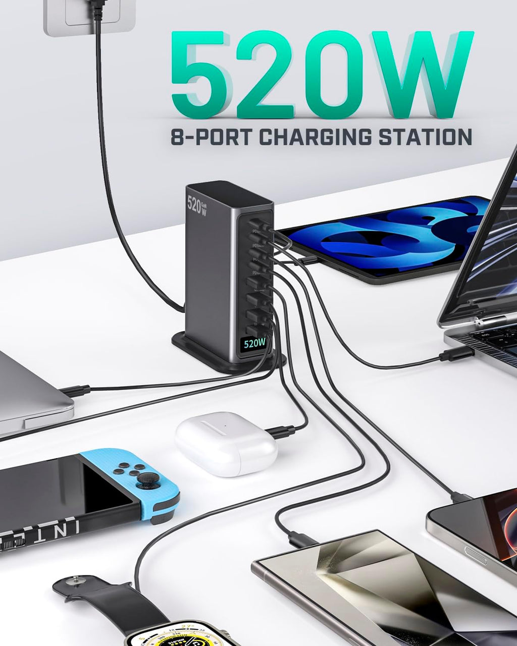 520W USB C Charger Block, 8 Ports GaN Fast Charging Station Hub, PD 100w Type C & USB A Laptop Desktop Charger Adapter for MacBook Air/Pro, DELL, iPhone, iPad, Samsung, Travel Home Office Use