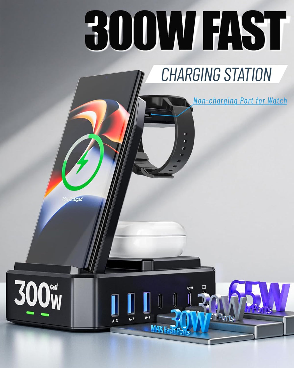 Wireless Charger for Samsung,300W 10 in 1 Wireless Charging Station, 65W USB C Fast Charging Stand for Samsung S25 Ultra/S24/S23/S22/Note 20,Galaxy Watch Ultra7/6/5,Galaxy Buds(Not for Apple Watch)