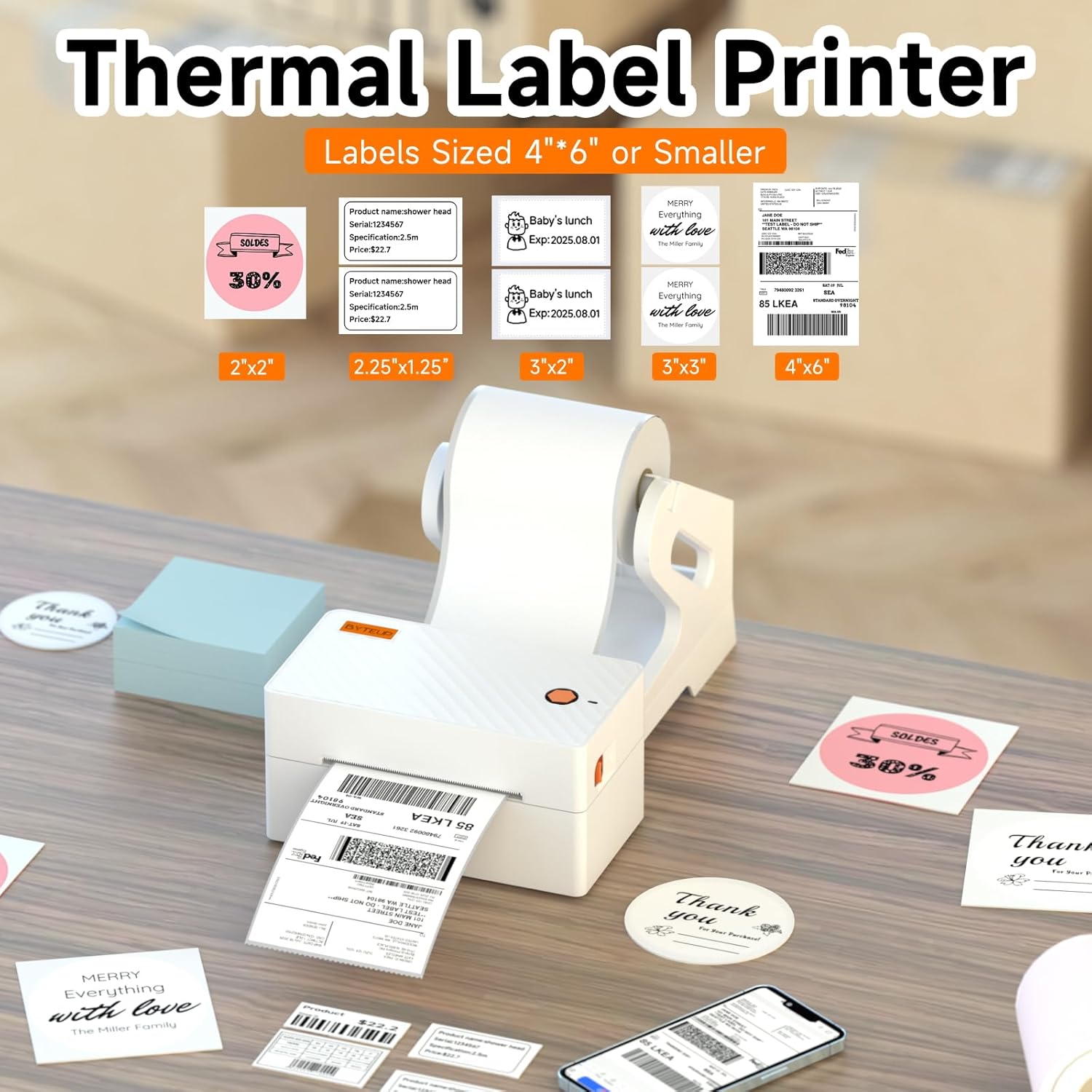 Bluetooth Thermal Shipping Label Printer, Wireless 4x6 Shipping Label Printer for Small Business, Support iOS, Android, Windows and Mac, Compatible with Amazon, Ebay, Shopify, Etsy, USPS.