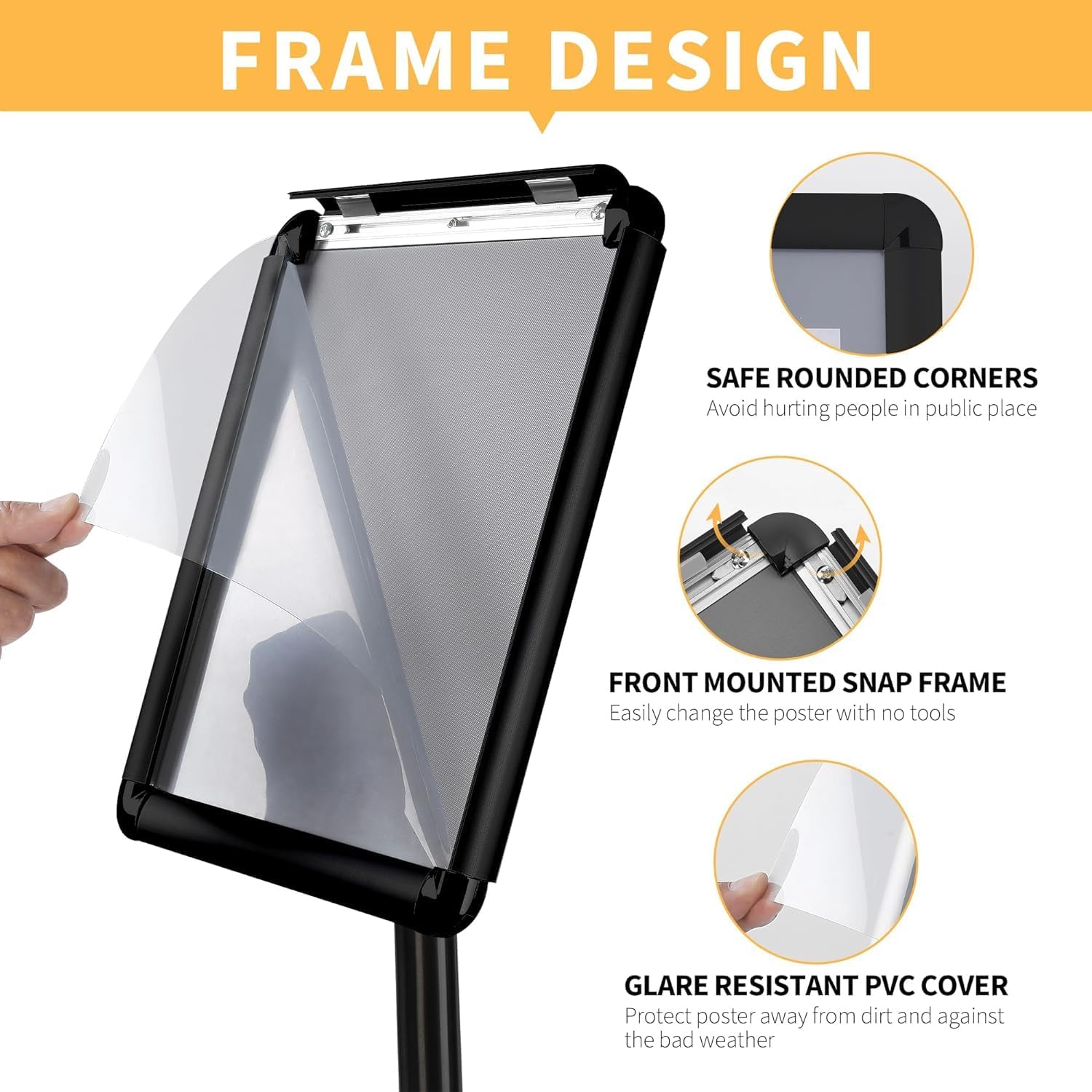 Sign Holder Stand 8.5 x 11, With 3-Prong-Base & Round Base, Poster Stand Aluminum Snap Open Frame for A4 Size Outdoor Indoor Sign Stand, Height Adjustable-Black