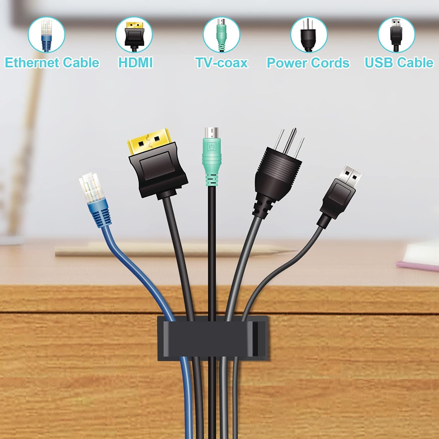 50 PCS Black Cable Clips - Large Cord Organizers for Under Desk Cable Wire Management, Adhesive Holder Clips for Multiple Cord Management
