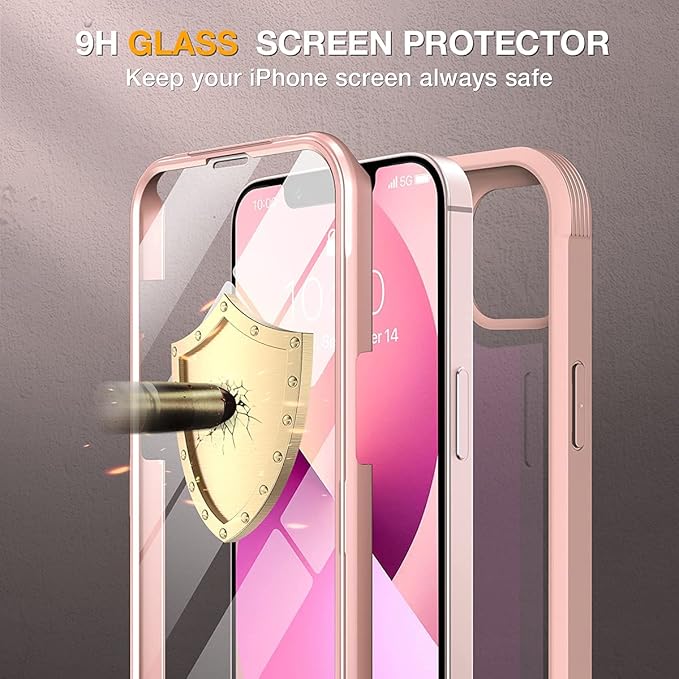 Miracase Compatible with iPhone 13 Mini case 5.4 inch, 2023 Upgrade Full-Body Glass Clear Case Bumper Case with Built-in 9H Tempered Glass Screen Protector for iPhone 13 Mini,Crystal Pink