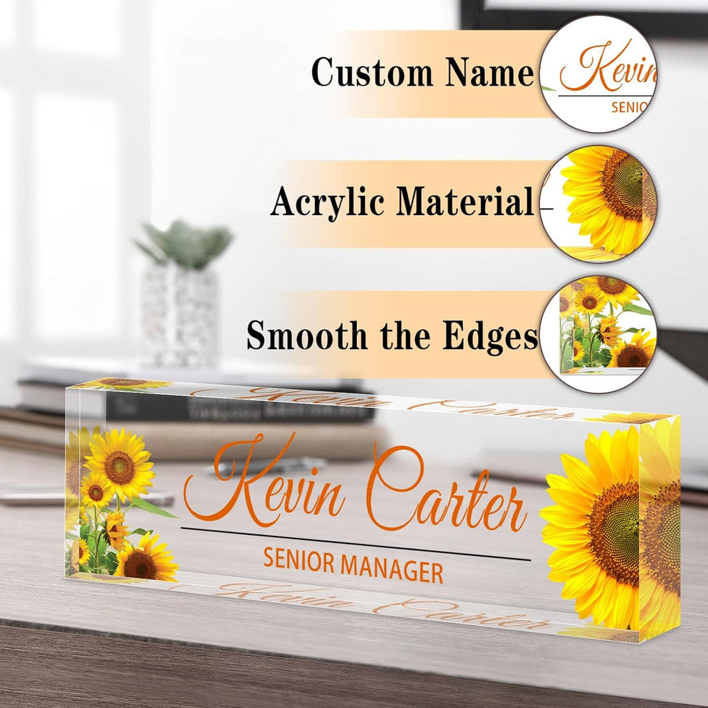 Name Plate for Desk Personalized, Acrylic Desk Decorations, Employee Appreciation Gifts, Custom Office Gifts for Coworkers, Boss, Teacher, Nurse (Sunflower)