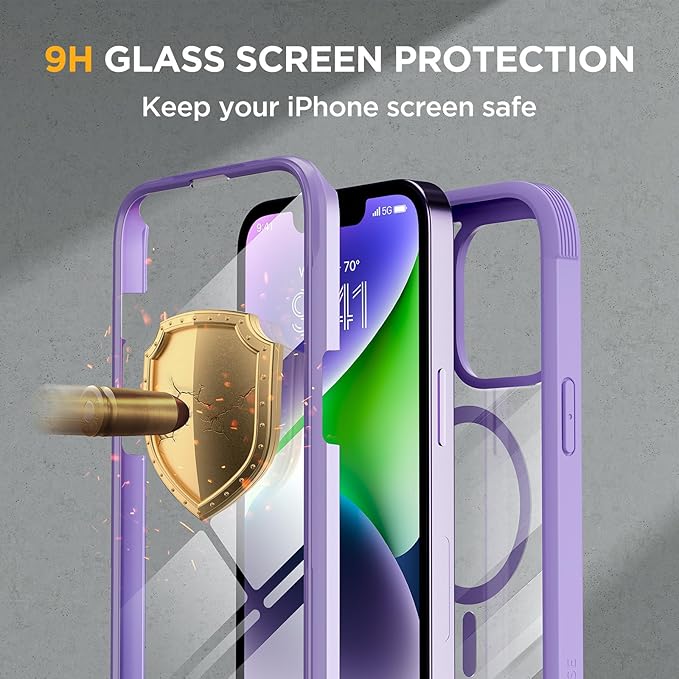 Miracase Magnetic for iPhone 14 Case 6.1", [Built-in Tempered Glass Screen Protector + Lens Protector] [Compatible with MagSafe] Full-Body Protective Bumper 14 Phone Cover, Purple