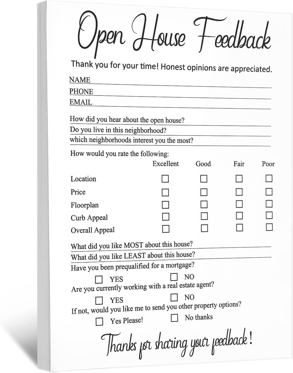 Marspark 150 Piece Real Estate Signs - Open House Supplies, Feedback Notepad, Questionnaire, Form for Agents & Brokers