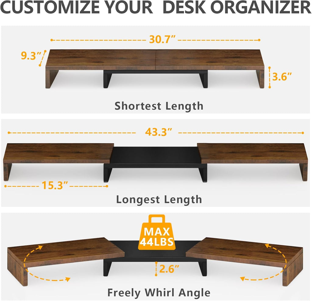 TAVR Dual Monitor Stand Riser, Computer Monitor Stands for 2 Monitors, Extra Long Multifunctional Desktop Organizer Riser for Computer, Laptop, PC, Printer, TV, Max 43.3" Length, Rustic Brown