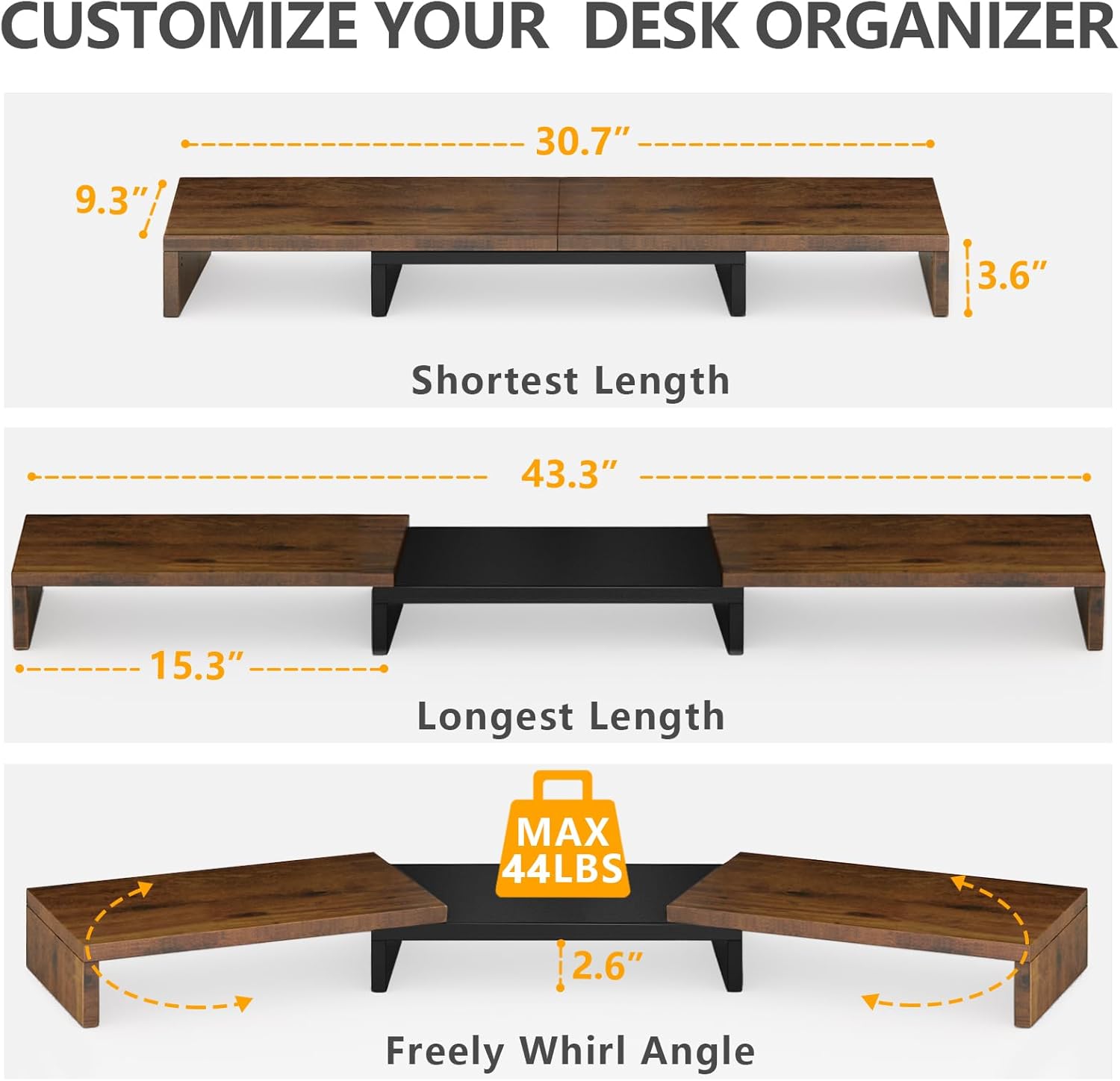 TAVR Dual Monitor Stand Riser, Computer Monitor Stands for 2 Monitors, Extra Long Multifunctional Desktop Organizer Riser for Computer, Laptop, PC, Printer, TV, Max 43.3" Length, Rustic Brown