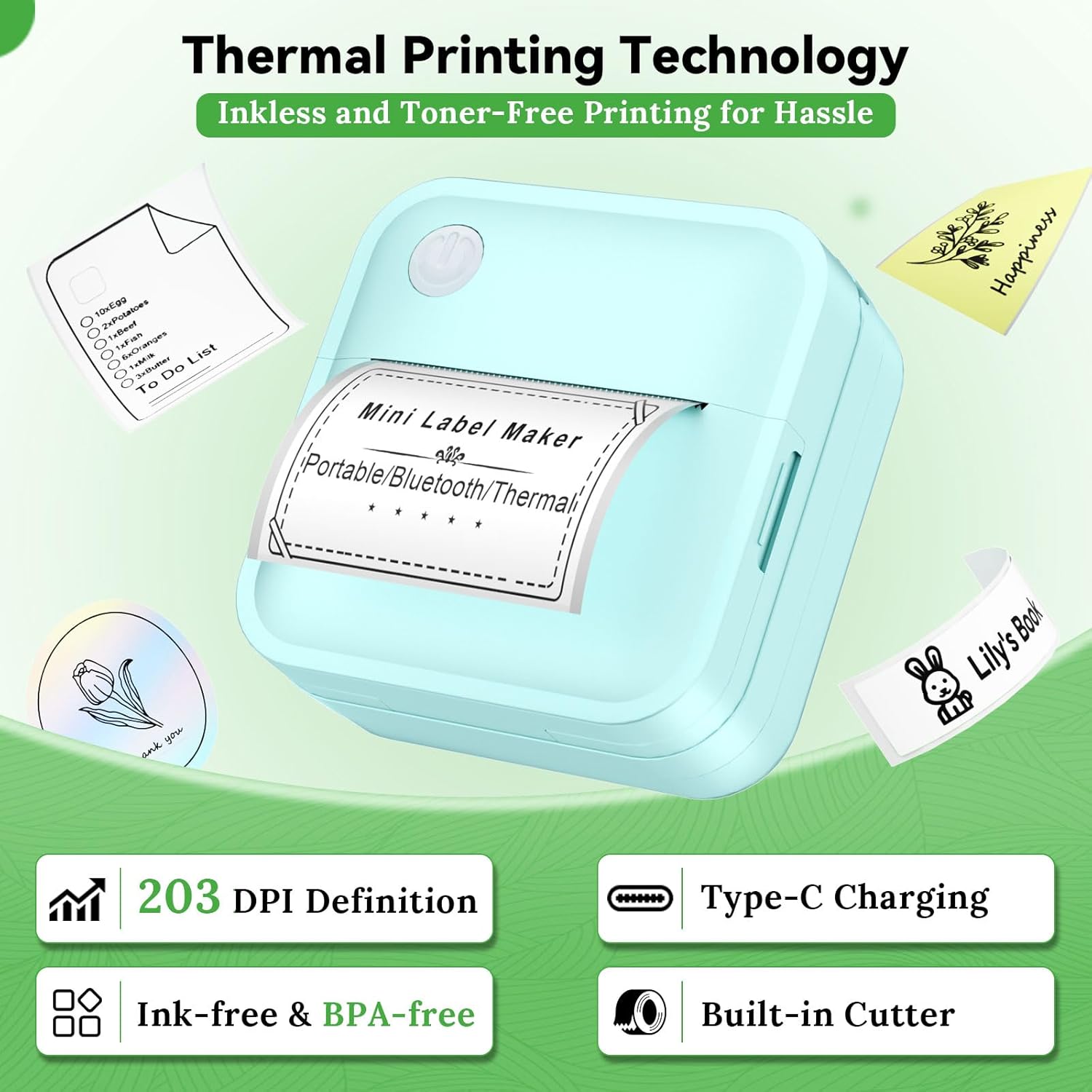Label Maker Machine with Tape - 14 Sizes Mini Sticker Printer Bluetooth Label Printer for Home Office Organization, Portable Thermal Sticker Maker Print Pod with Multiple Templates for Phone