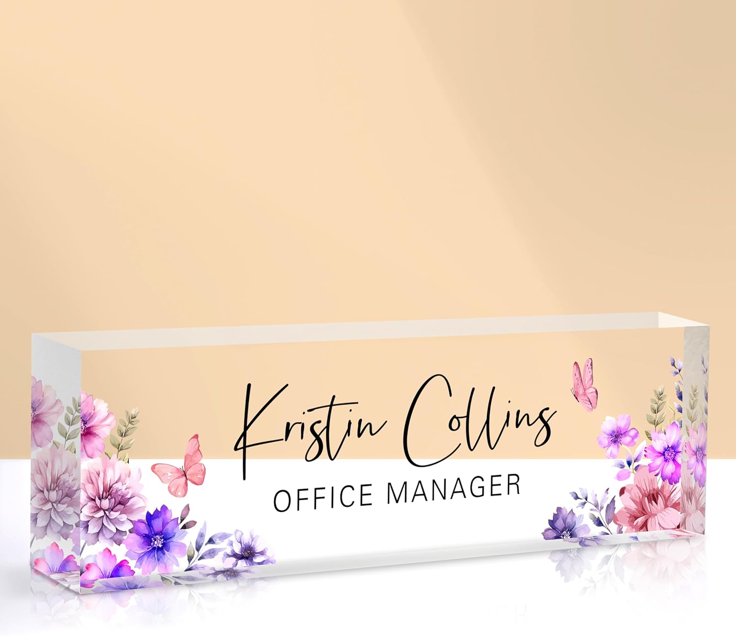 Custom Name Plate for Desk, Acrylic Office Decor For Women Men, Personalized Office Desk Accessories, Teacher Employee Appreciation Gifts For Social Worker Boss Coworkers (Purple Flower-3)