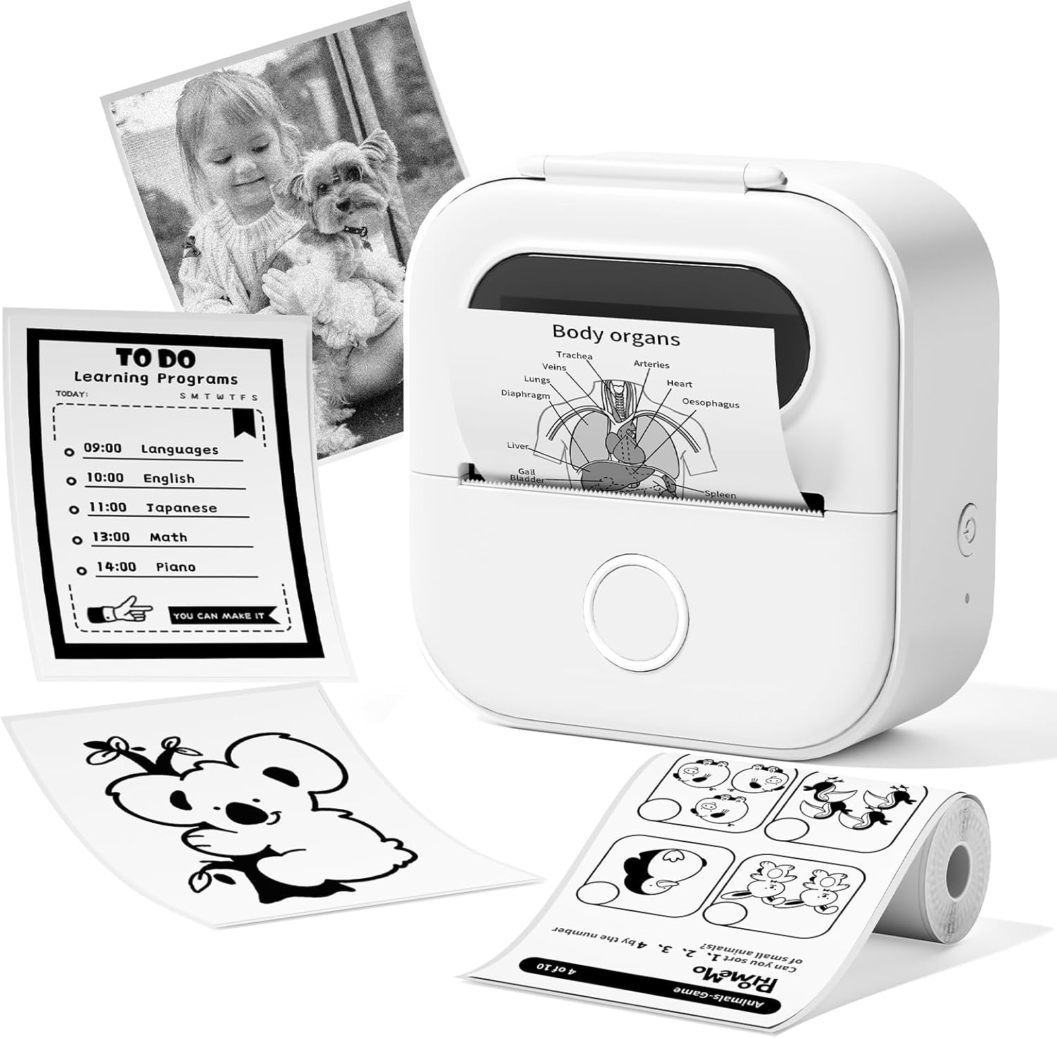 Print Pods Mini Printer, Sticker Maker Machine Y02C, Mini Portable Printer with 1 Roll Paper, Bluetooth Inkless Receipt for Phone, Thermal Portable Maker for Journal, Note, Photos, Learning