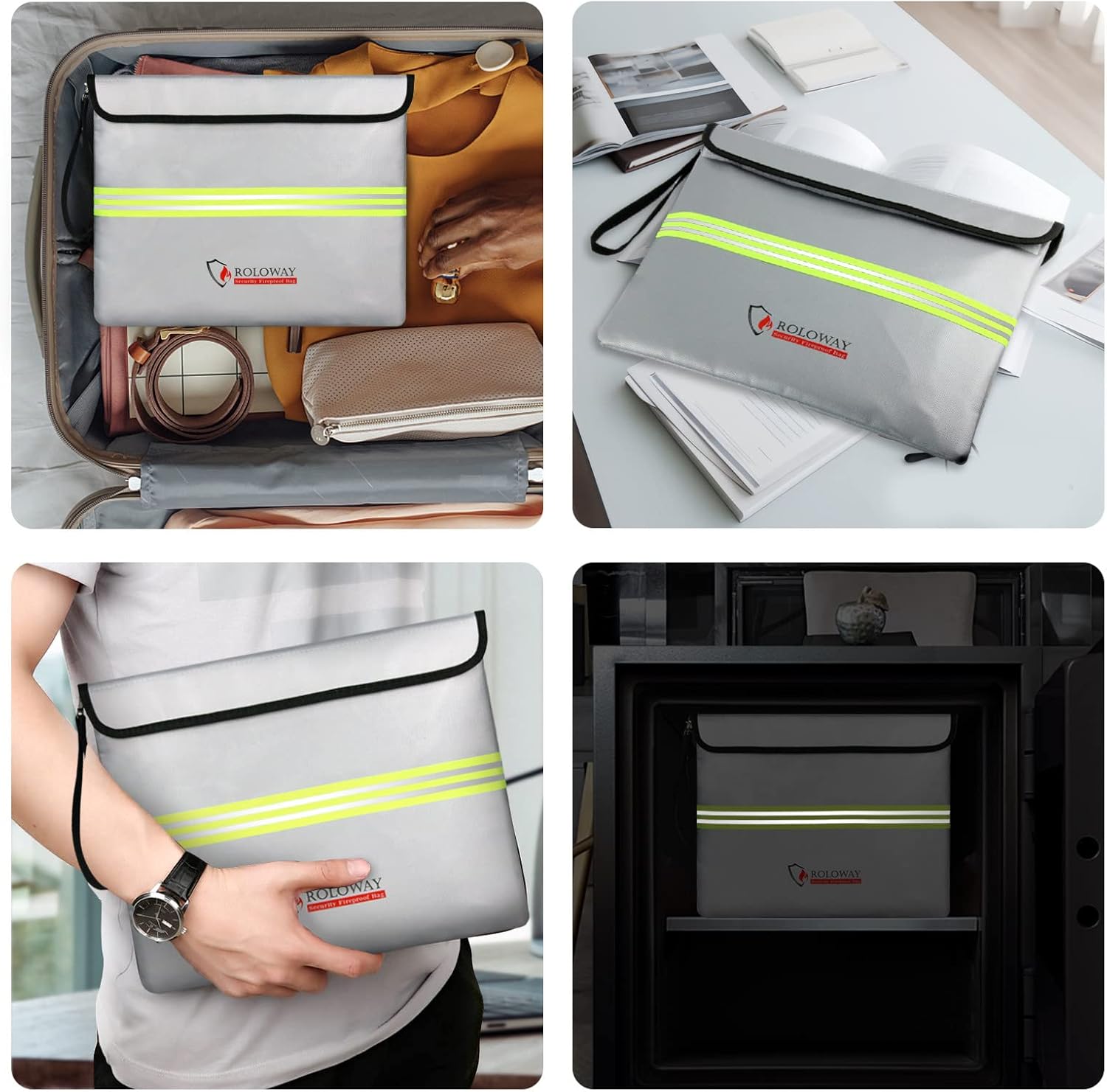 ROLOWAY Fireproof Document Bag (14 x 11 inch) with 5200℉ Upgraded Aluminum Foil Layer, Fireproof Bag for Documents with Reflective Strip and Zipper (Silver)