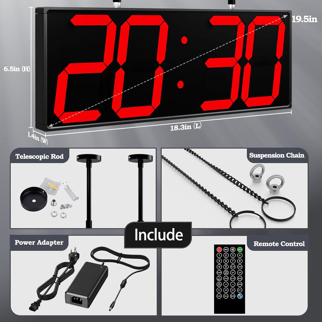 19.5'' Large Digital Wall Clock with Double Sided Display,Multi-Functional LED Hanging Digital Clock with Adjustable Brightness,Suitable for Offices, Warehouses, Corridors (Red)