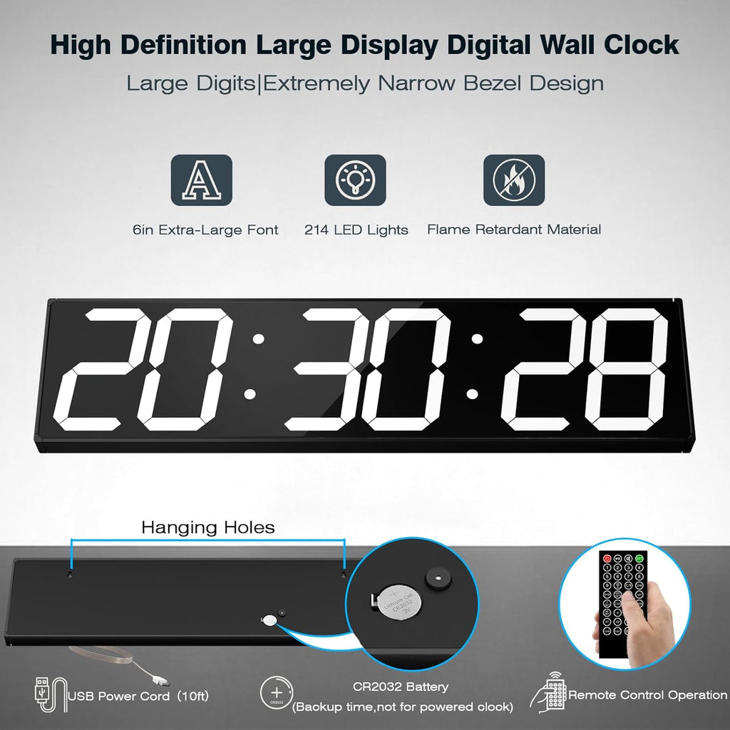 Digital Wall Clock with Large Display, 28.4‘’LED 6-Digit Large Clock with Adjustable Brightness, Multifunction Digital Timer with Countdown and Stopwatch (White)