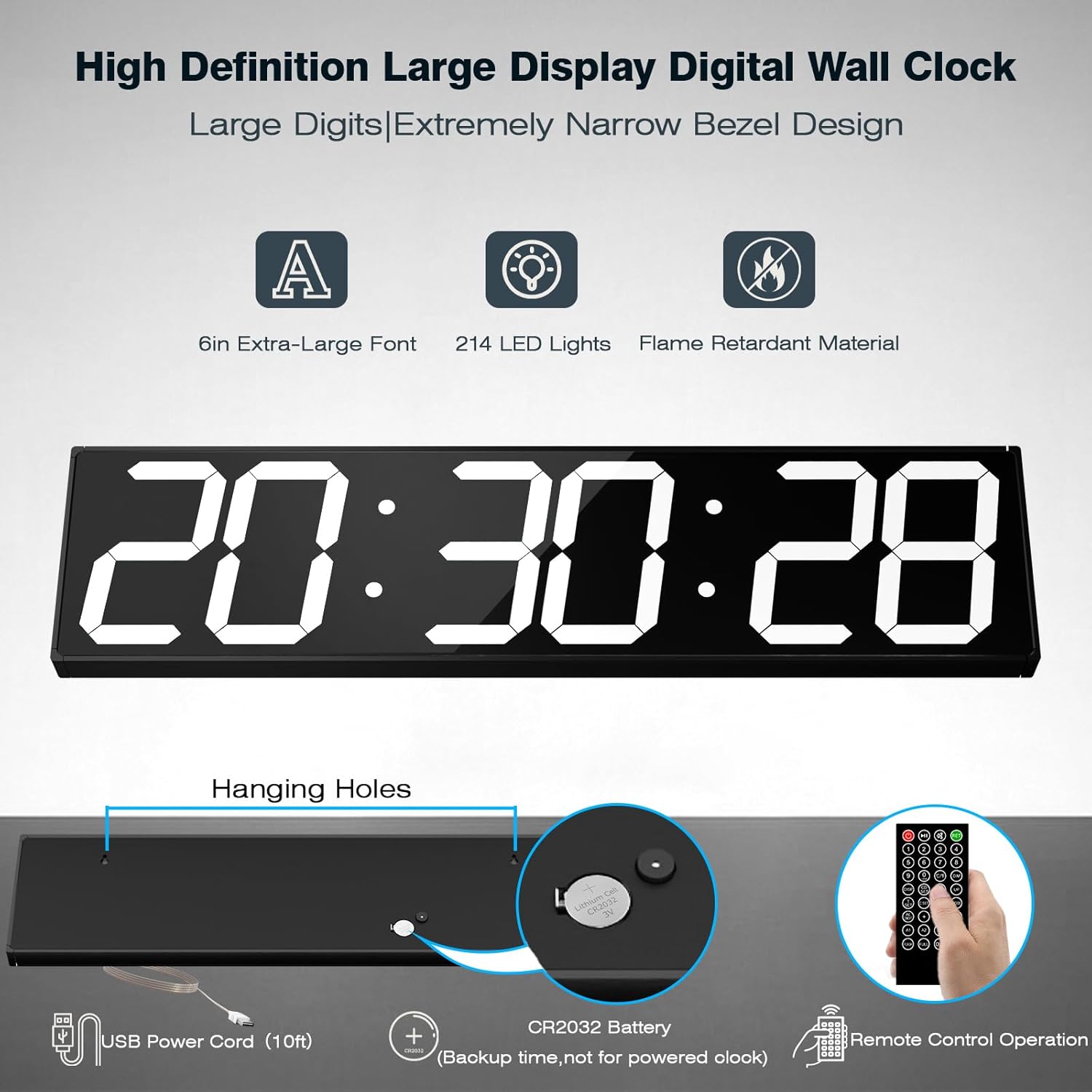 Digital Wall Clock with Large Display, 28.4‘’LED 6-Digit Large Clock with Adjustable Brightness, Multifunction Digital Timer with Countdown and Stopwatch (White)